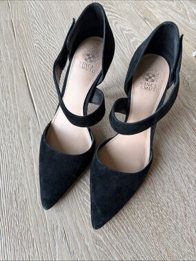 Vince Camuto Black Suede Pointed Ankle-Strap Pumps